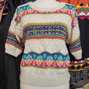 Vintage 90s Evan-Picone silk blend knit Aztec Short sleeve Jumper sweater